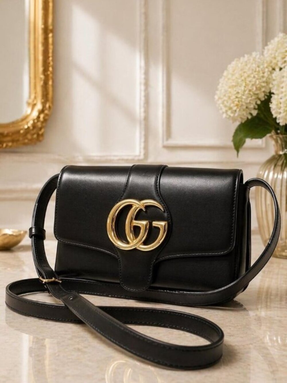 Authentic Gucci Arli Black Leather GG Logo Chain Shoulder Crossbody Bag